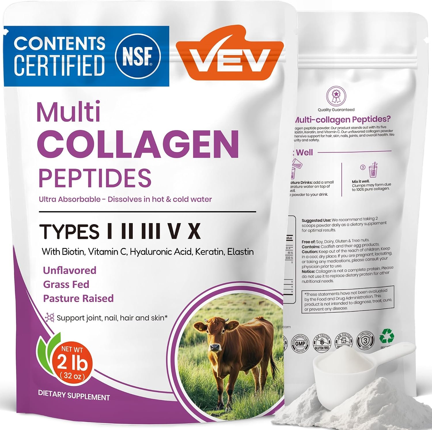 VEV Multi Collagen Peptides Powder, Types I, II, III, V & X, 82 Servings