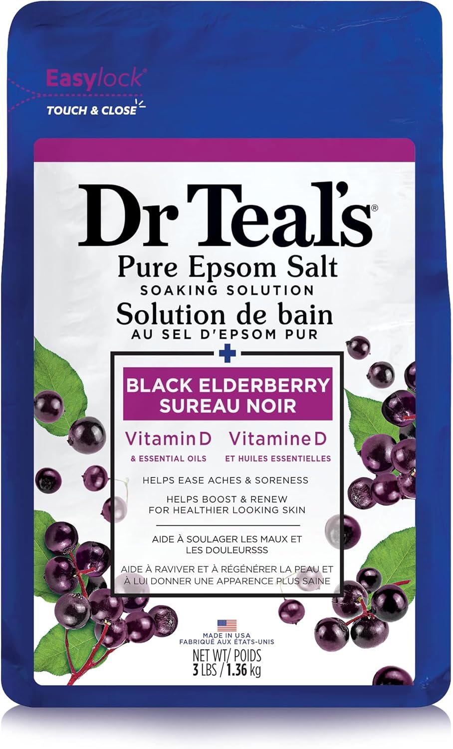 Dr Teal’s Epsom Salt Magnesium Soak, Black Elderberry with Vitamin D, 3 lbs