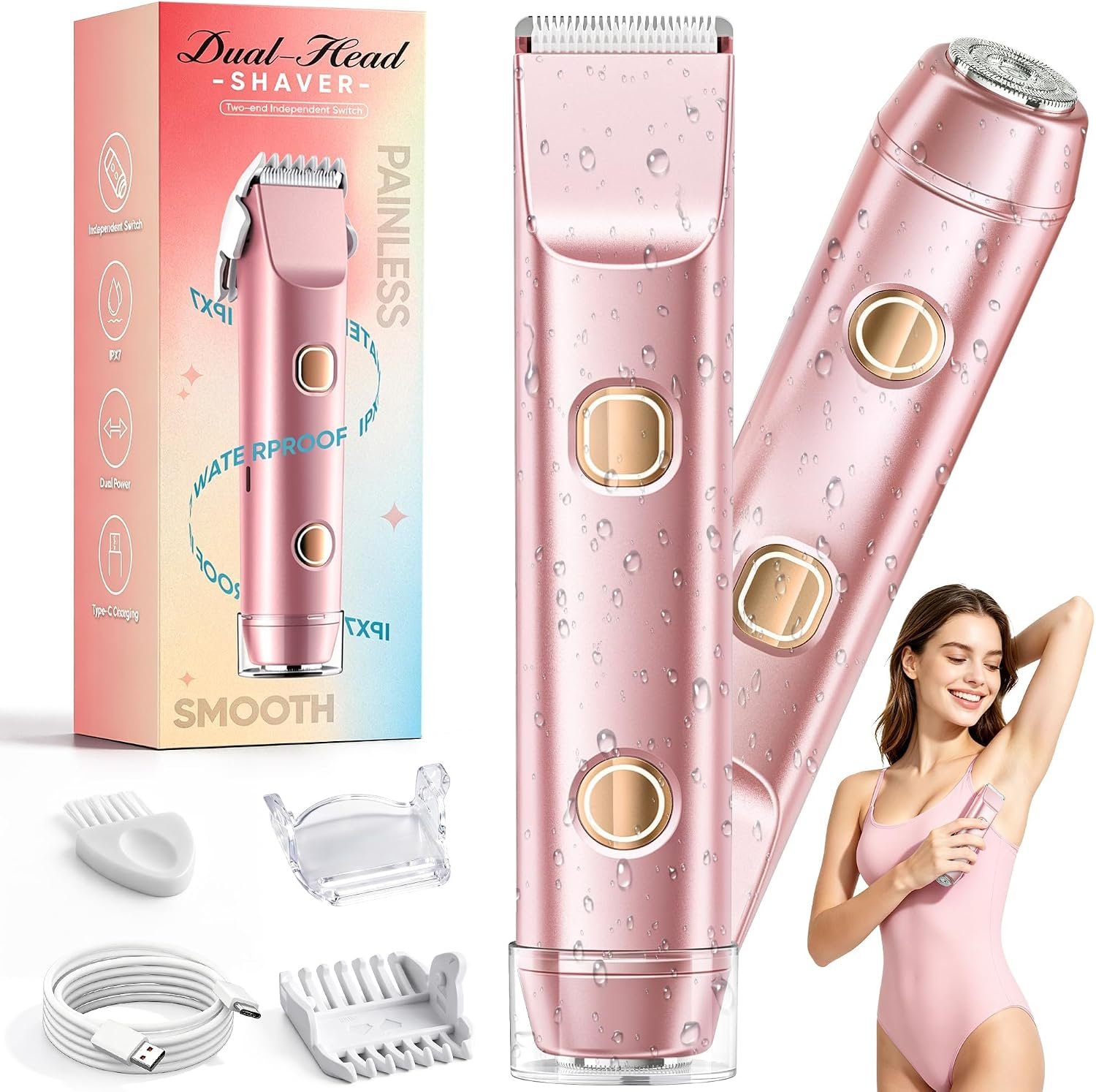 Bikini Trimmer for Women, Electric Razor & Shaver with Dual Ceramic Blades, Painless Hair Removal for Face, Body & Intimate Areas, 90min Cordless Runtime, Waterproof Travel Grooming Kit (Pink)