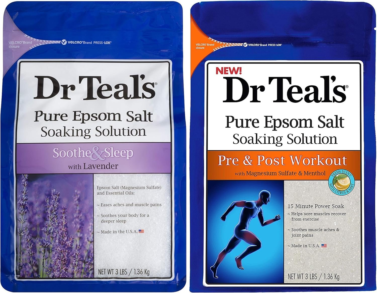 Dr. Teal’s Pure Epsom Salt Recovery Soaking Solution Gift Set (2 Pack, 3lbs ea.) – Soothe & Sleep Lavender, Pre & Post Workout with Magnesium Sulfate & Menthol
