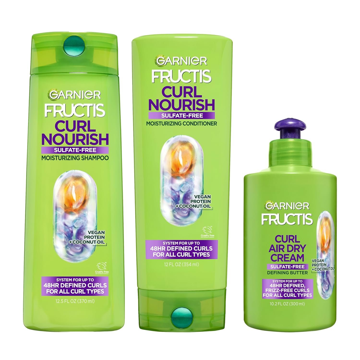 Garnier Fructis Curl Nourish Moisturizing Shampoo & Conditioner Set for Curly Hair with Air Dry Cream, Up to 48 Hours of Curl Definition, Sulfate Free & Vegan, 3 Items 34.7 Fl Oz (Packaging May Vary)