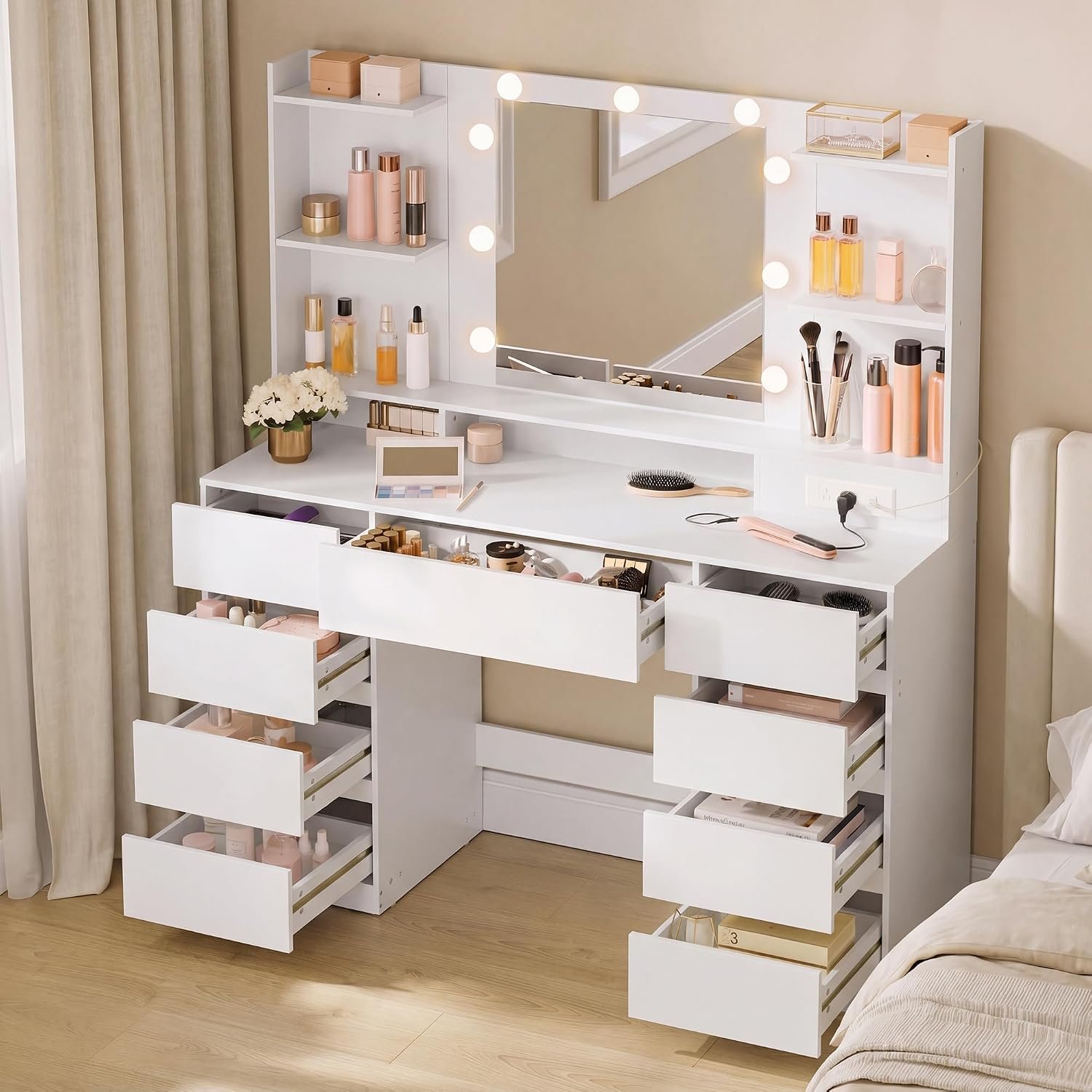 VASAGLE 43.3-Inch Vanity Desk with Mirror and Lights, 9 Drawers