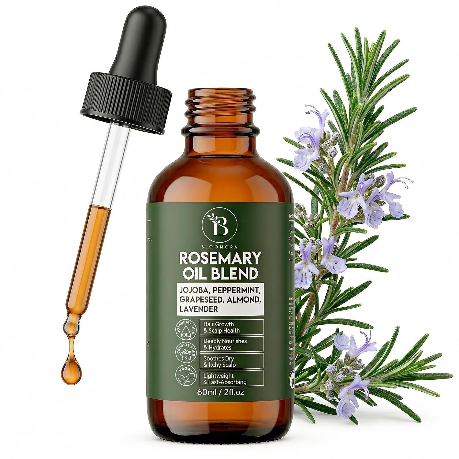 Rosemary Oil for Hair Growth Blend with Almond, Peppermint, Lavender & Jojoba Oil for Hair, Lightweight Consistency, For Growth, Strengthening & Scalp Care (60ml / 2fl oz)