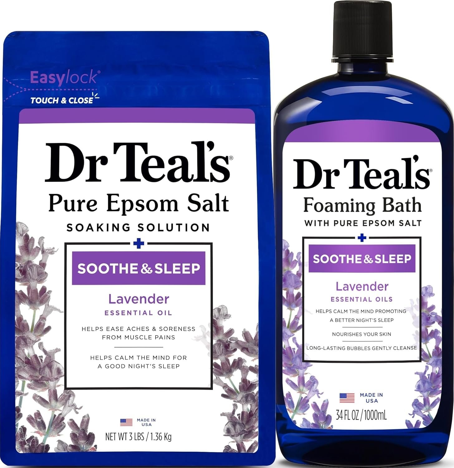 Dr. Teal’s Epsom Salt Soaking Solution and Foaming Bath with Pure Epsom Salt Combo Pack, Lavender