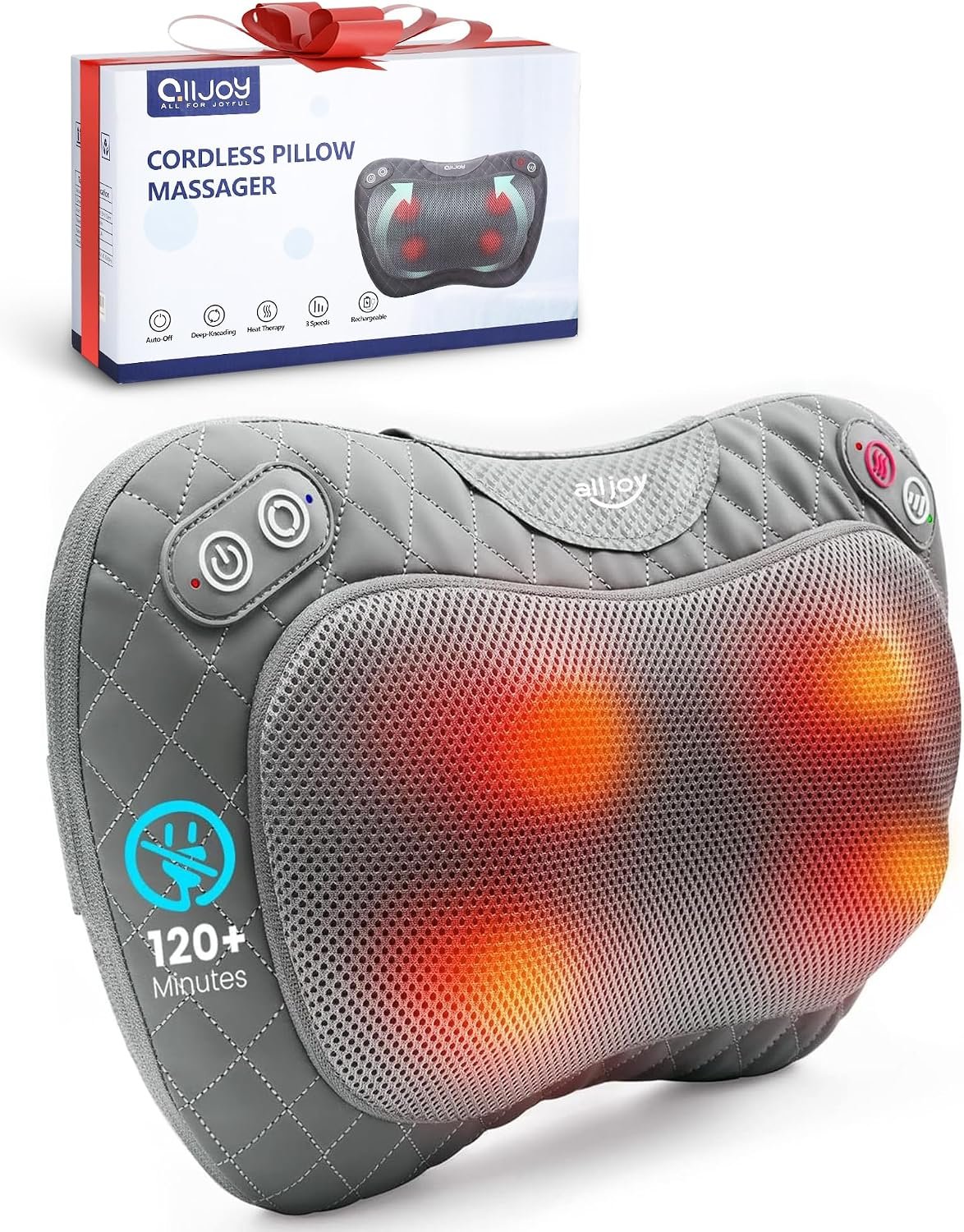 ALLJOY Cordless Shiatsu Neck and Back Massager with Soothing Heat,3D Kneading Massage Pillow for Muscle Pain Relief, Use Unplugged,Detachable Cover,Gifts for Women Men Mom Dad