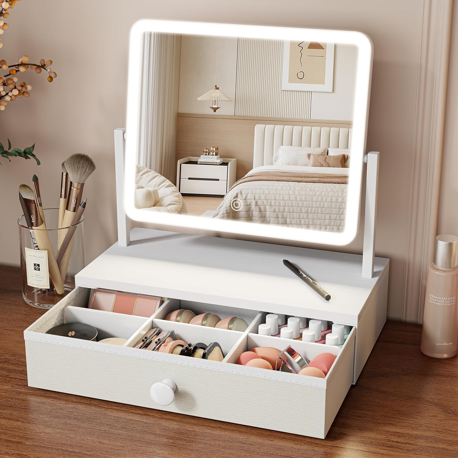 Vanity Mirror with Lights, 12″×10″ Lighted Makeup Mirror with Storage, LED Makeup Mirror with 3 Color Modes & Adjustable Brightness, Vanity Mirror for Desk, Dorm, Bedroom, Gifts for Women, White