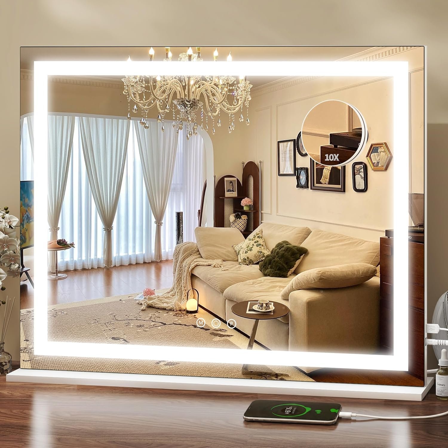 ROLOVE 23×18 Inch Makeup Mirror with Lights, Detachable Magnifier