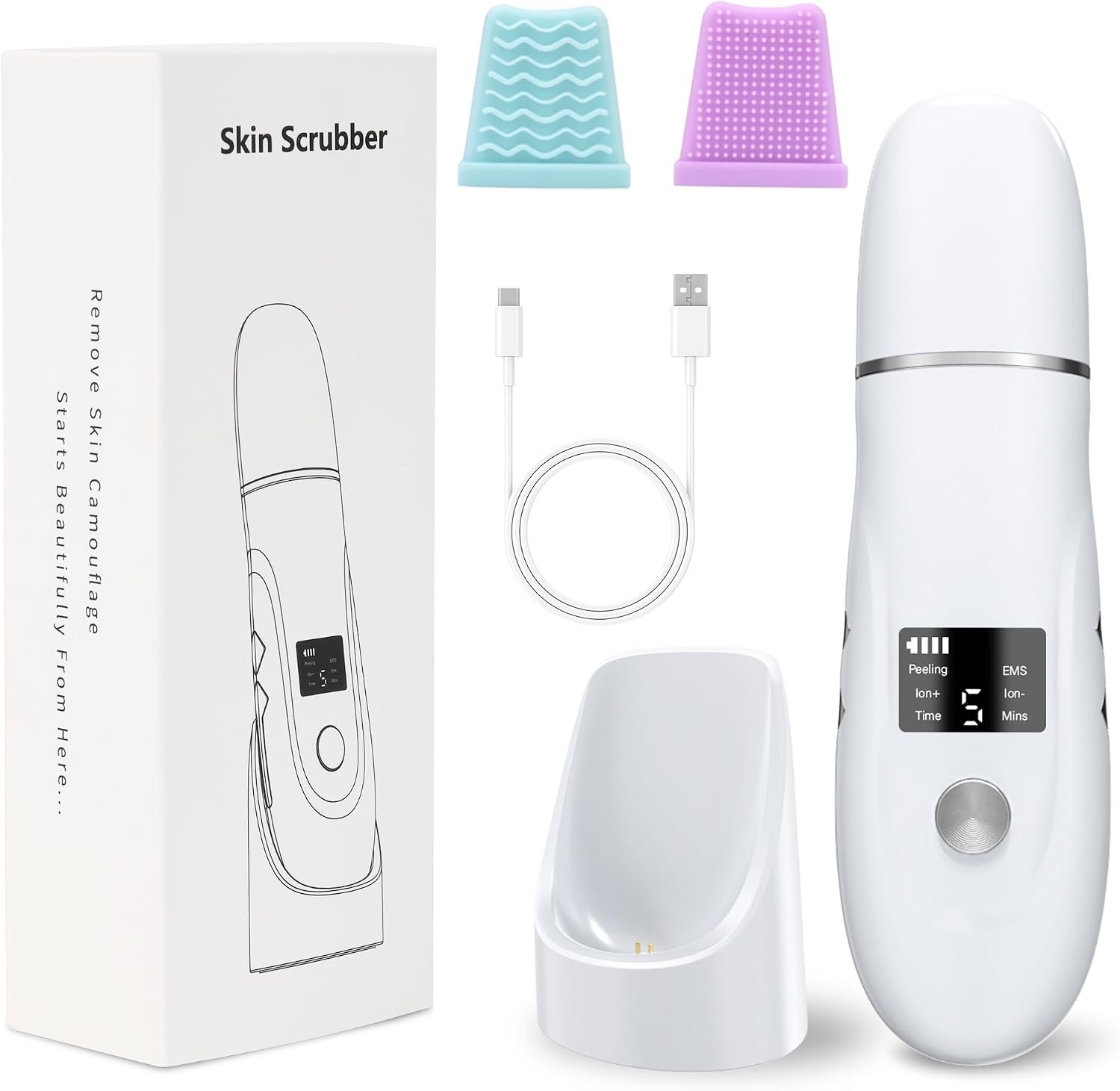 Face Scrubber Skin Spatula, 4-in-1 Blackhead Remover Tool with Charging Dock and LED Display, 3D Curved Pore Extractor for Facial Skincare (Purewhite)