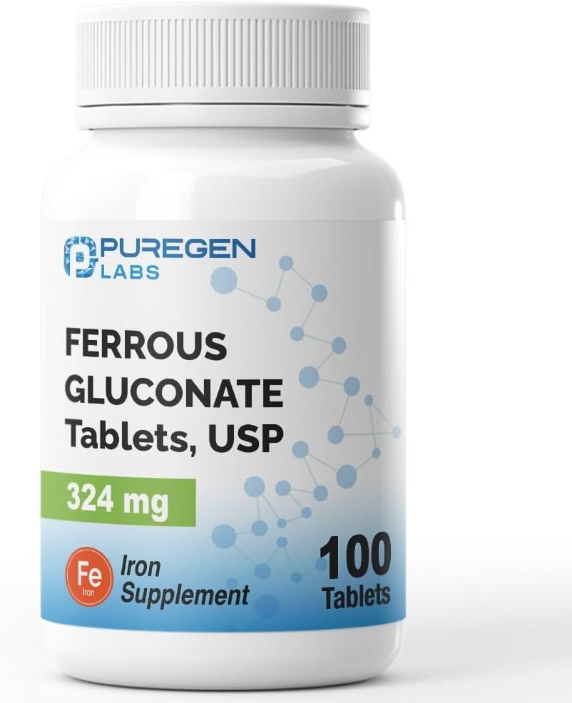 Puregen Labs Ferrous Gluconate 324 mg [High Potency] Iron Supplement, Gentle on Stomach – 100 Tablets