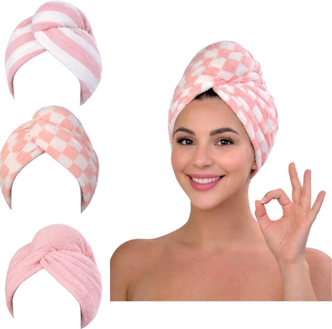 KELVO Microfiber Hair Towel Wrap for Women – Pack of 3, 350 GSM Super Absorbent Quick Dry Hair Turban, Anti-Frizz Head Wrap for Curly, Long & Thick Hair, Soft Hair Drying Towel (Pink, Mixed Style)