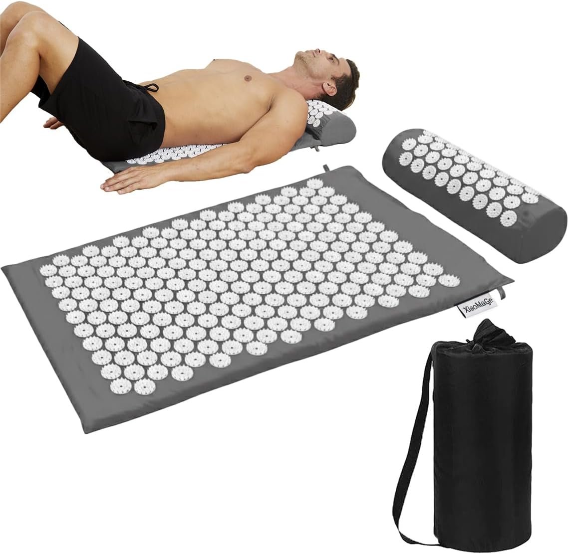 XiaoMaGe 28.7″ Acupressure Mat and Pillow Set with Carry Bag (Gray)