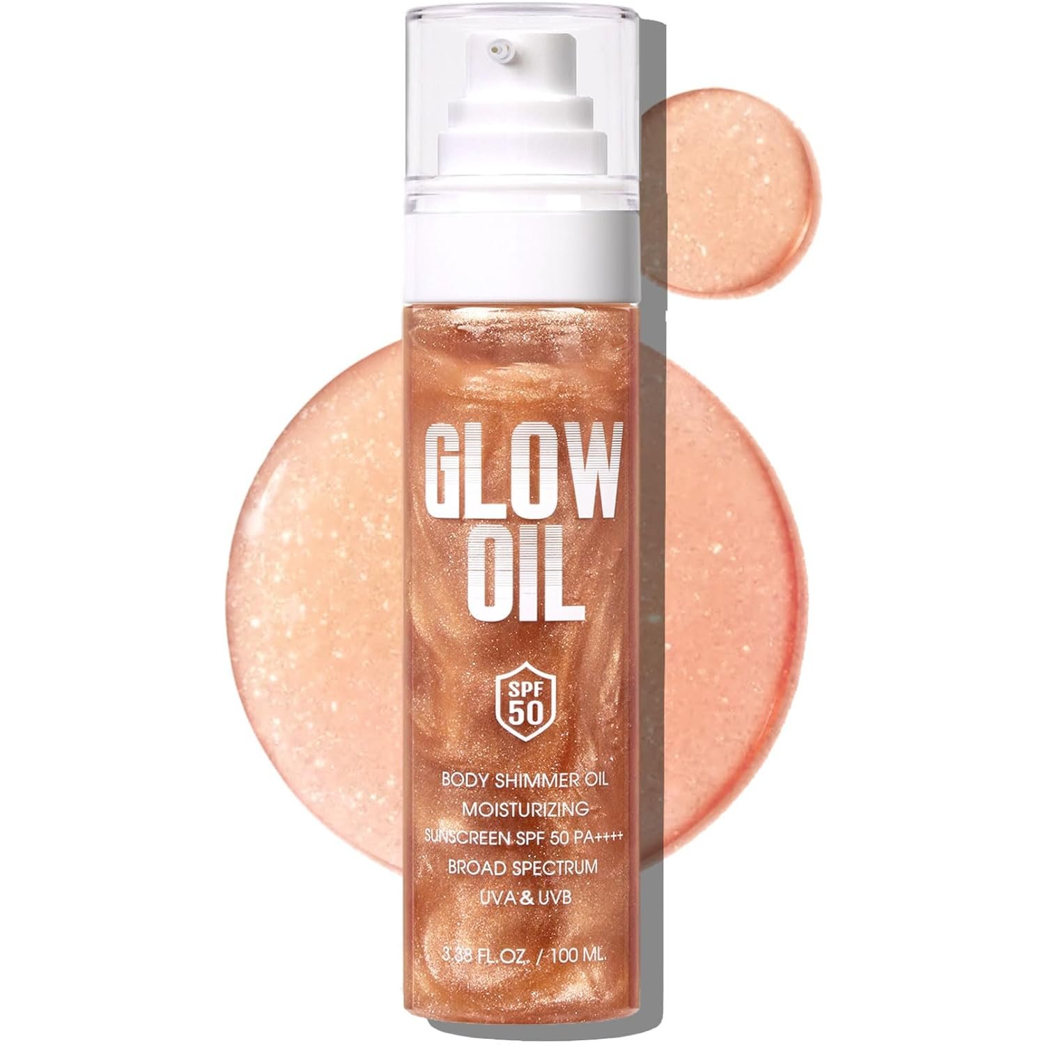 Body Glow Oil, Broad Spectrum SPF 50, Glitter Shimmer Sunscreen Body Oil Lotion with Sequin Mica, Lightweight Non-Sticky Moisturizer with Coconut, Skin Illuminator Glowing Results (02# Rose Gold)