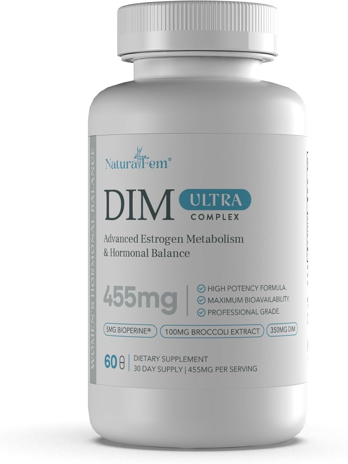 Naturalfem DIM 350mg Ultra Complex – Advanced Hormone Balance for Women & Estrogen Metabolism Support – with 100mg Broccoli Extract & BioPerine – High Potency 455mg Formula – 60 Capsules