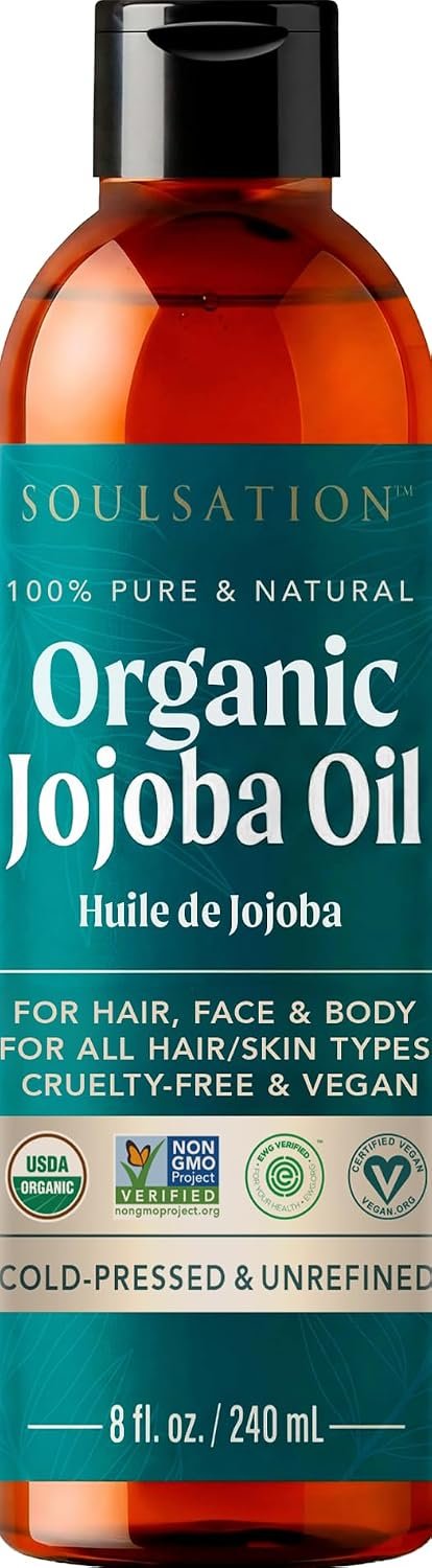 SOULSATION Organic Jojoba Oil for Skin, Hair & Face (8oz) | 100% Pure, Natural Cold Pressed – Hydrating Carrier Oil Hexane Free