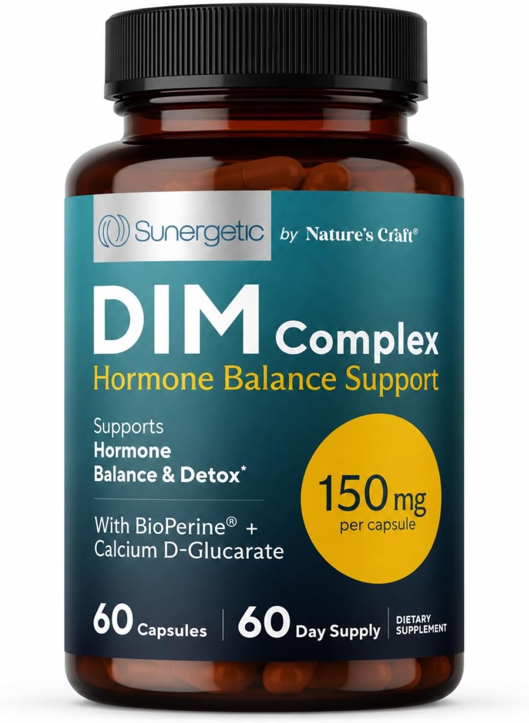 Sunergetic Premium DIM Supplement – 150mg diindolylmethane, Broccoli, Calcium D-Glucarate & Bioperine for Men & Women – DIM Complex for Menopause Support & Balance – 60 Capsules