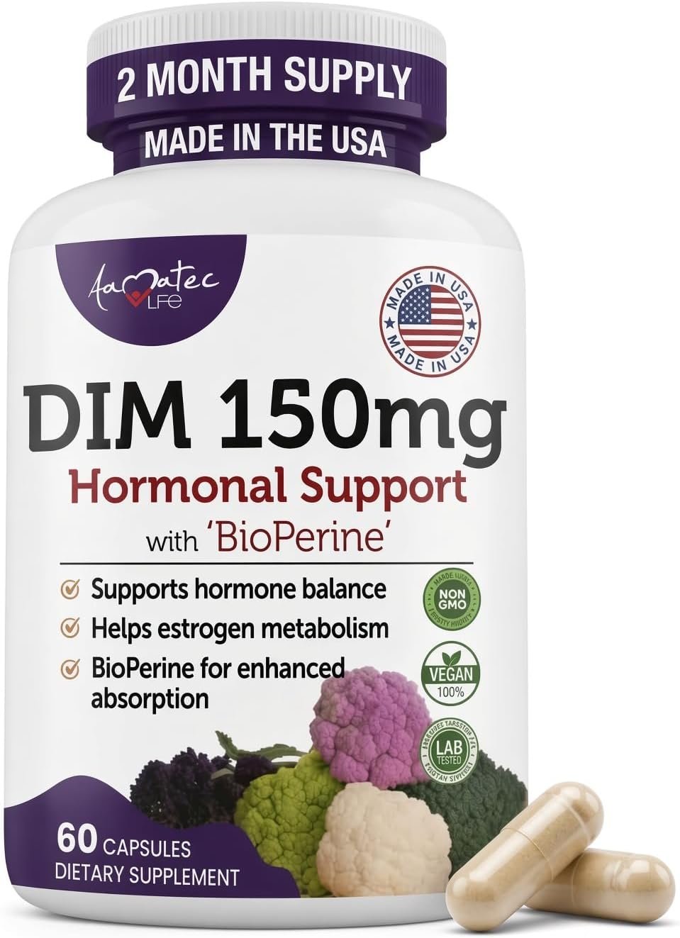 DIM Supplement 150mg for Women, Menopause Support, 60 Capsules