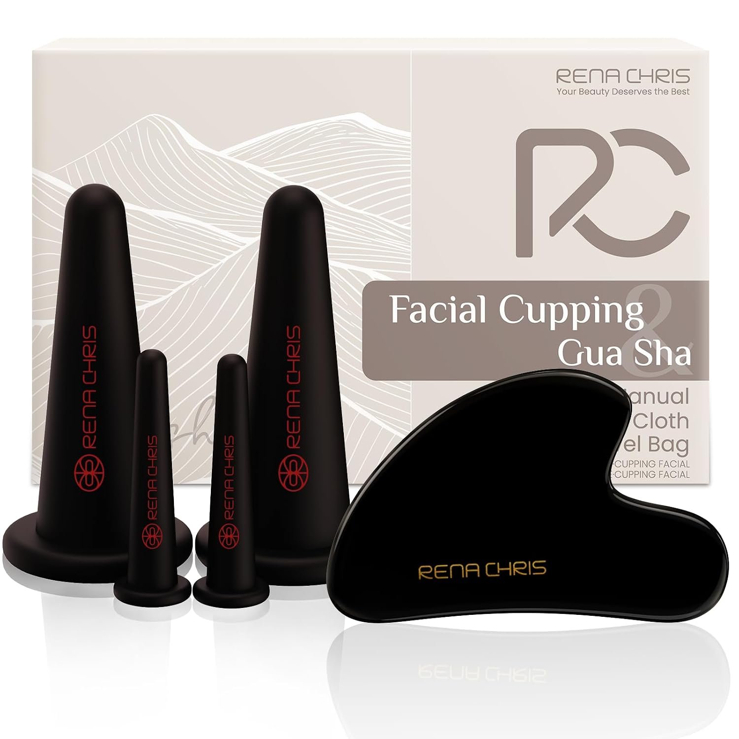 Rena Chris Facial Cupping Set & Gua Sha Facial Tool – Silicone Cupping Set & Obsidian Gua Sha Stone – Face Cupping Therapy Set for Natural Skin Care, Puffiness, Lip Plumping(Black)