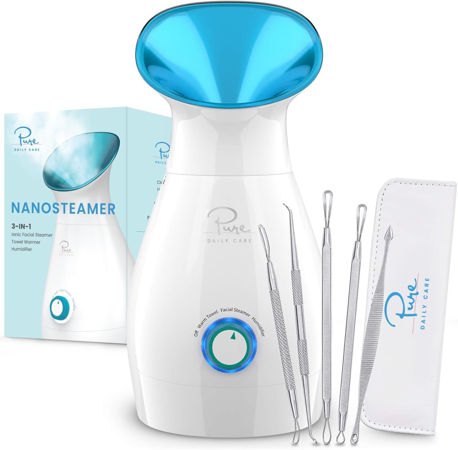 Pure Daily Care NanoSteamer Large 3-in-1 Nano Ionic Facial Steamer with Precise Temp Control – Humidifier – Unclogs Pores – Blackheads – Spa Quality – Bonus 5 Piece Stainless Steel Skin Kit (Teal)