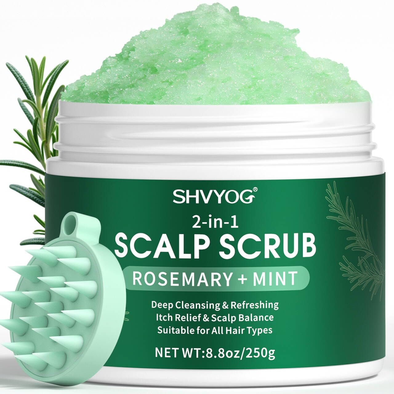 SHVYOG Scalp Scrub, Rosemary Exfoliator Scrub with Peppermint & Sea Salt, Anti-Dandruff Detox Clarifying Exfoliator Shampoo for Deep Scalp Cleanse with Scalp Massager