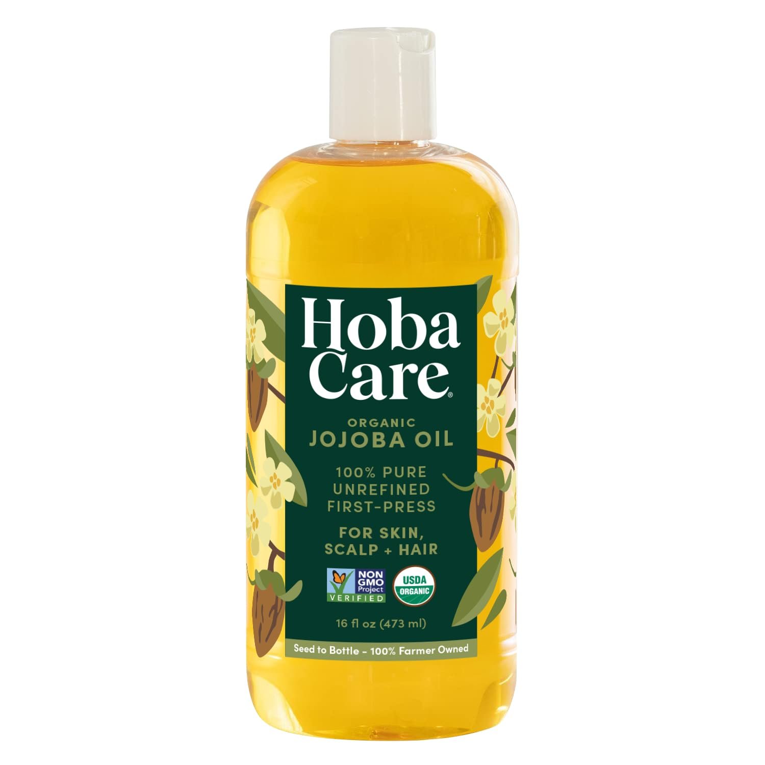 HobaCare Cold Pressed Organic Jojoba Oil for Hair, Skincare, Face, Body, Scalp, Nails, Beard Care, Skin Massage – Unrefined Carrier Oil – 100% Pure, Hexane Free, Moisturizing (16 oz)