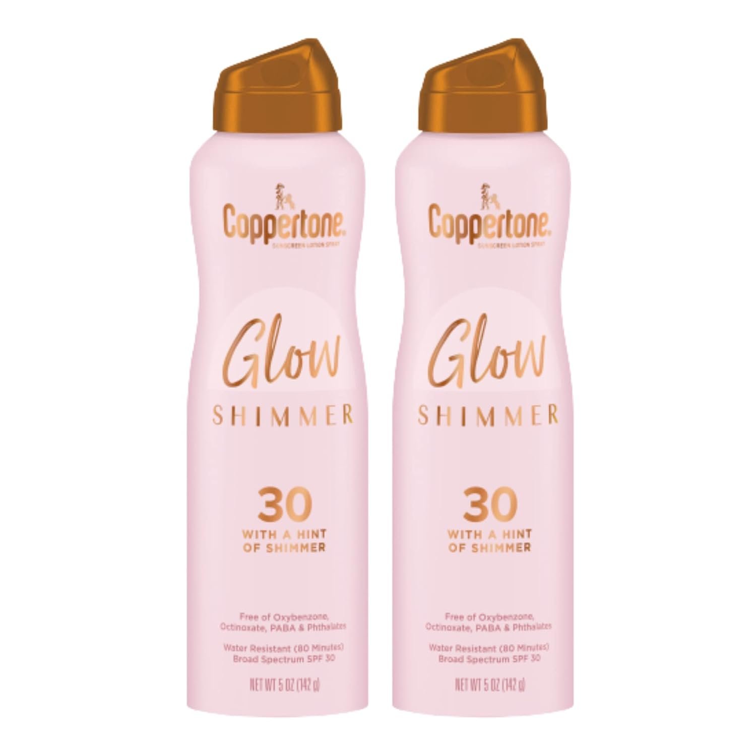Coppertone Glow Shimmer Sunscreen Spray SPF 30, Water Resistant Broad Spectrum SPF 30 Spray Sunscreen, Free From Parabens, PABA, Phthalates, Octinoxate and Oxybenzone, 5 Oz Bottle, Pack of 2