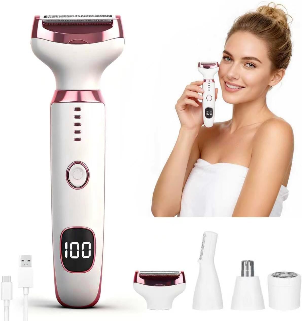 Electric Razor for Women Men,4 in 1 Ladies Wet & Dry Body Razors and Facial Hair Remover, 2026 Rechargeable LED Display Hair Removal Kit for Nose Face Body Bikini Hair (White)