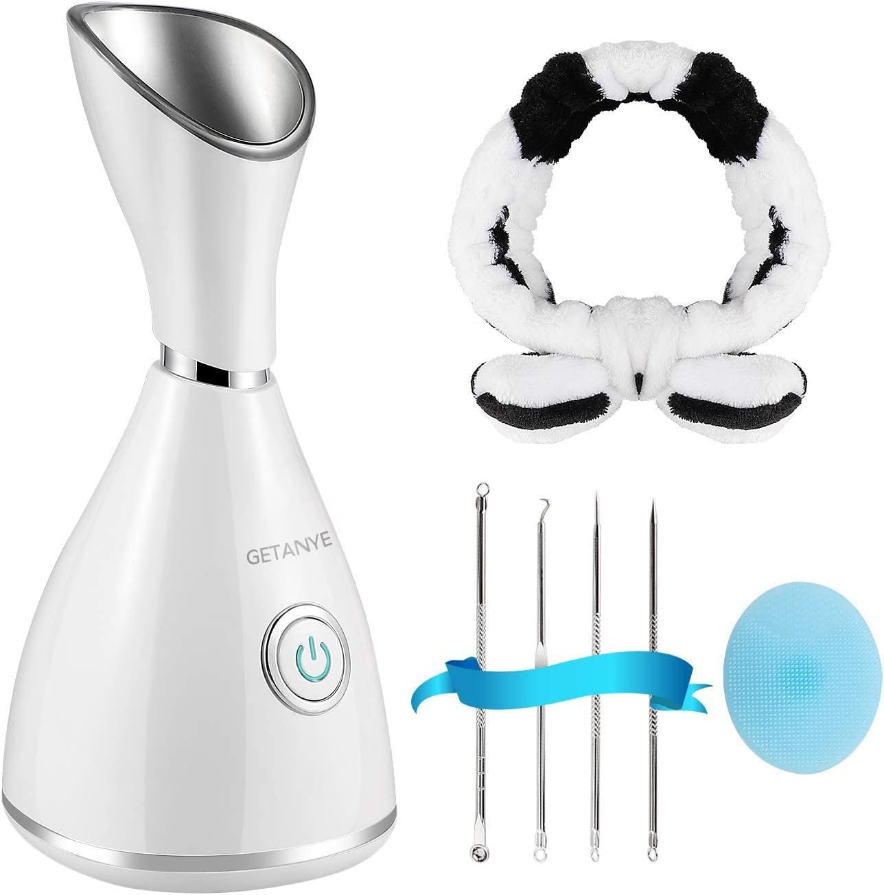GETANYE Nano Ionic Face Steamer – 10X Penetration for Facial, Unclogs Pores, Moisturizing Spa Humidifier with Free Blackhead Remover Kit, Hair Band, Face Brush