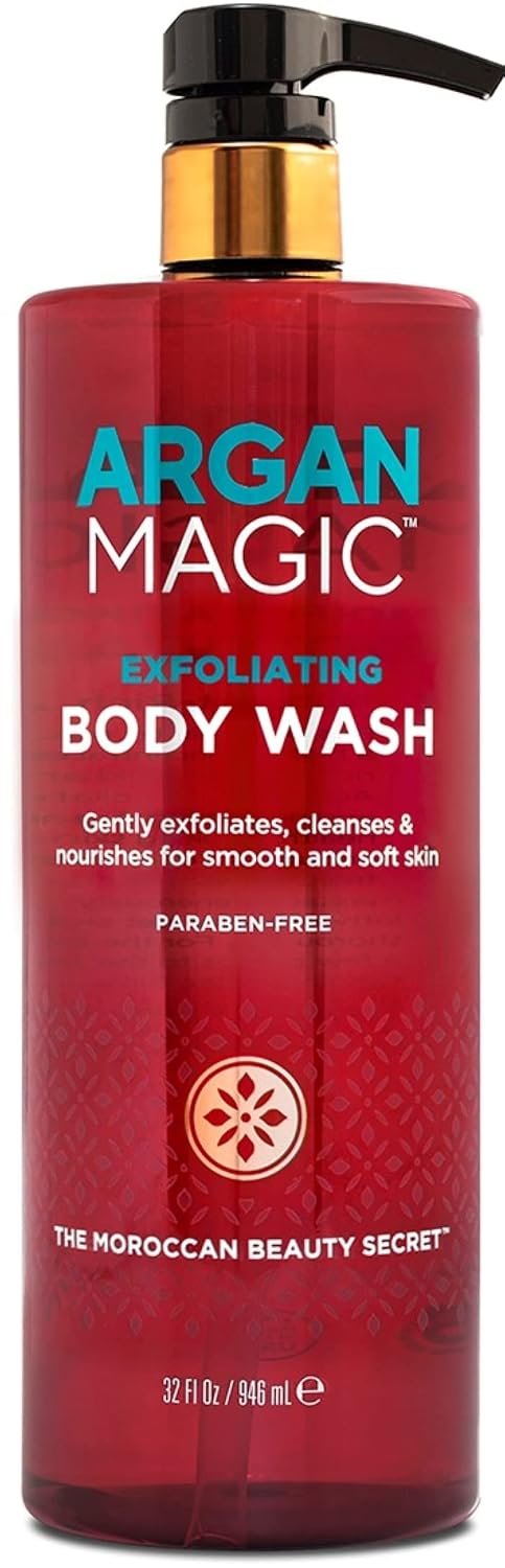 Argan Magic Exfoliating Body Wash – Exfoliates Cleanses Nourishes & Hydrates to Soften Skin – With Lactic Acid, Glycolic Acid, & Argan Oil | Gentle & Paraben Free (32 oz)