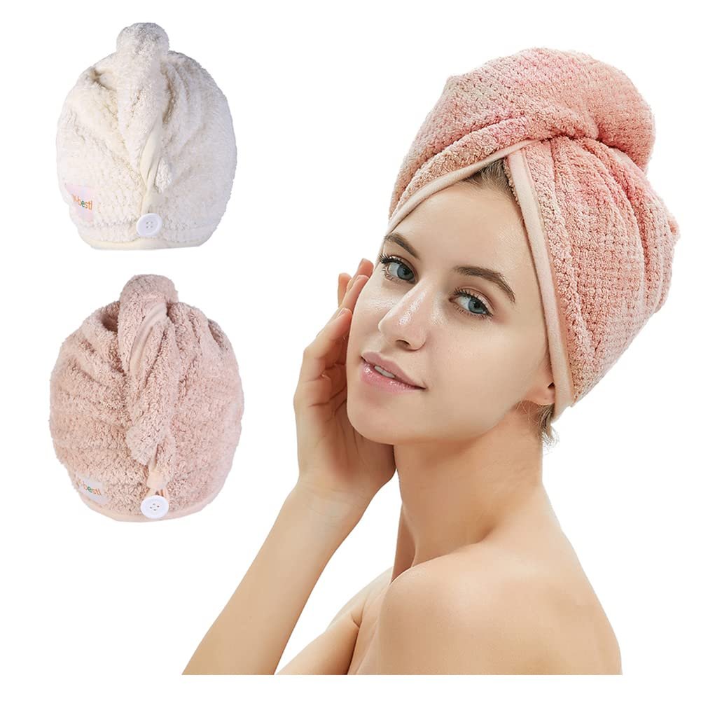 M-bestl 2 Pack Microfiber Hair Towel Wrap,Quick Dry,Anti-frizz(Pink&Beige)