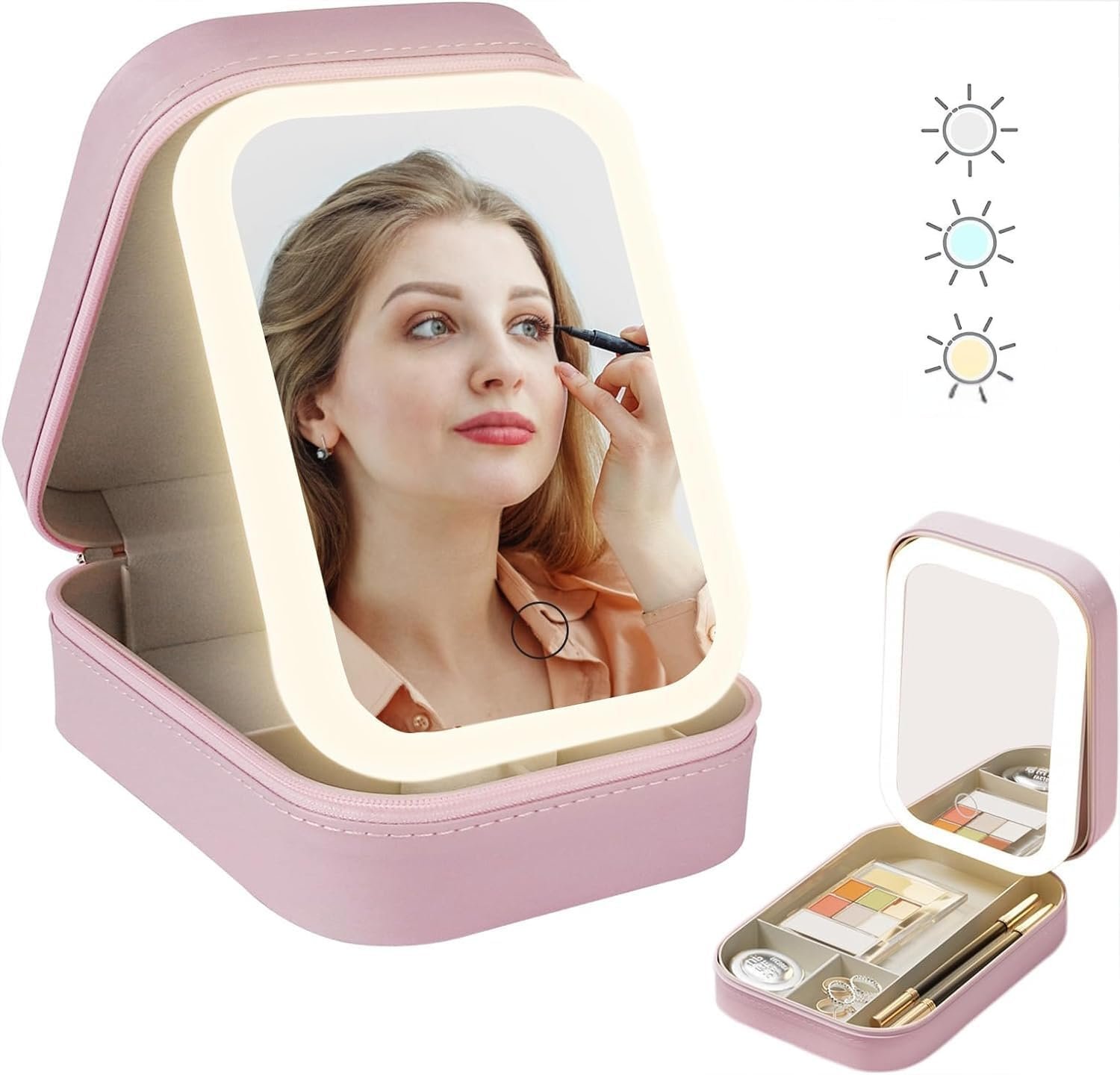 Travel Makeup Case with Lighted Mirror, Partitionable Cosmetic Bag, Professional Cosmetic Artist Organizer, Waterproof Portable, Travel Toiletry Bag (Pink)