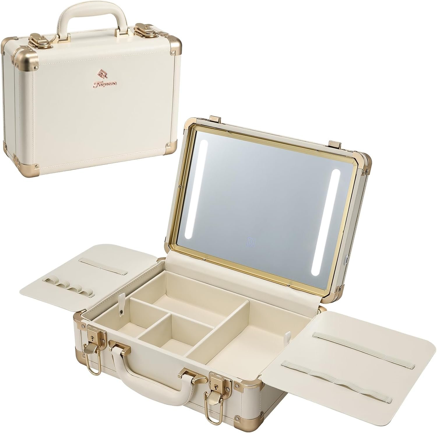 Faquenc Lighted Makeup Case with Detachable Tray, Beige Vegan Leather Makeup Box Rechargable 3-Color LED Mirror, Travel Train Case Makeup Bag Organizer with Champagne Alloy