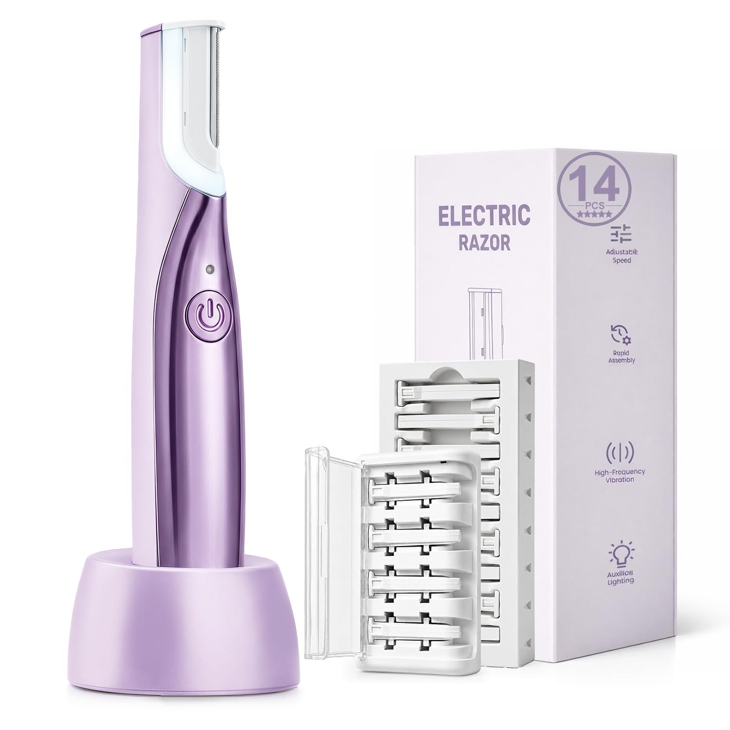 Dermaplane Razor, Sonic Dermaplaning Tool for Peach Fuzz Removal & Facial Hair, Rechargeable Facial Exfoliation Device with LED Light, 3 Speeds, 14 Blades, Polishing Heads Cable Ties 100