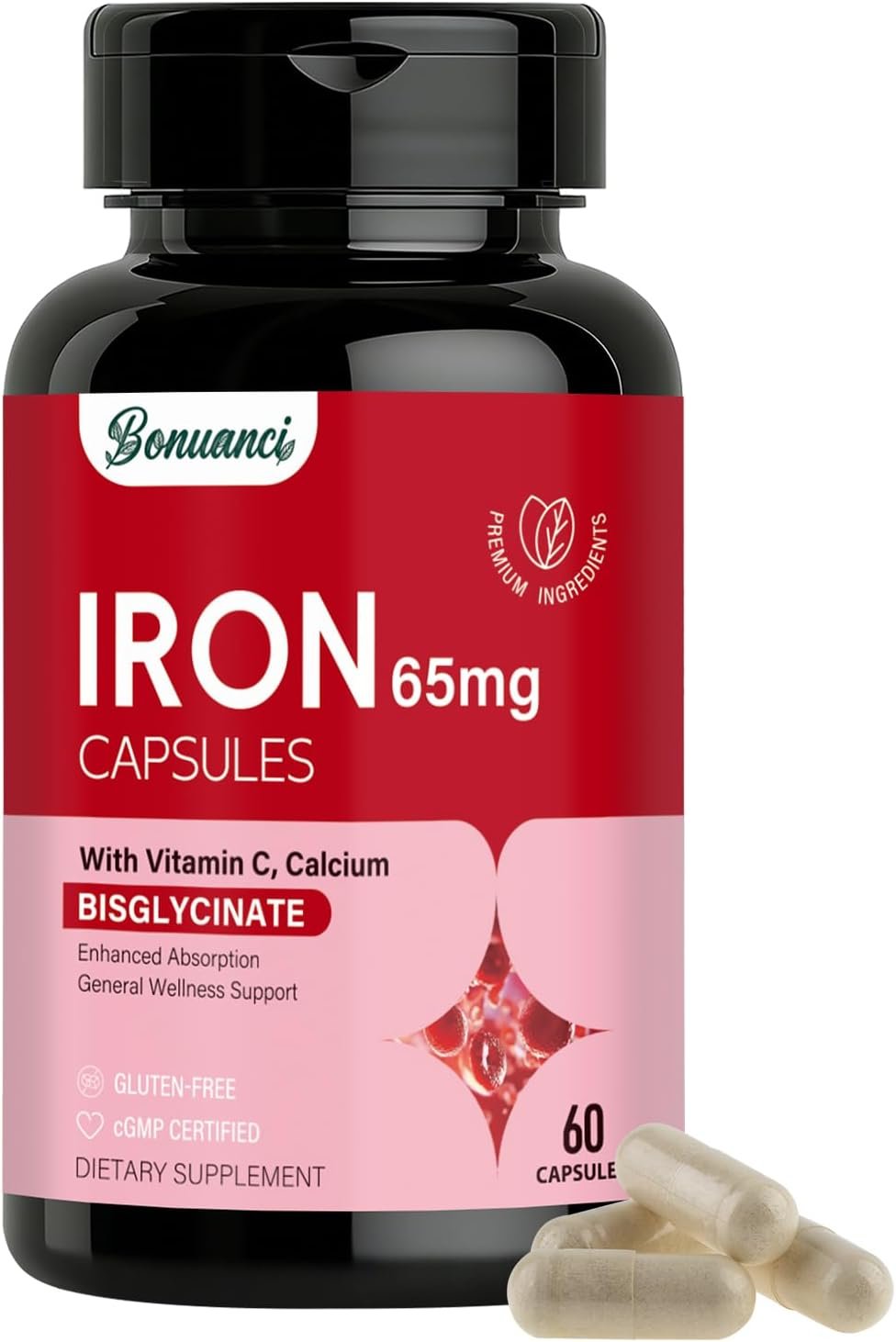 Iron 65mg Bisglycinate Supplement & Vitamin C for Women Men 60 Capsules