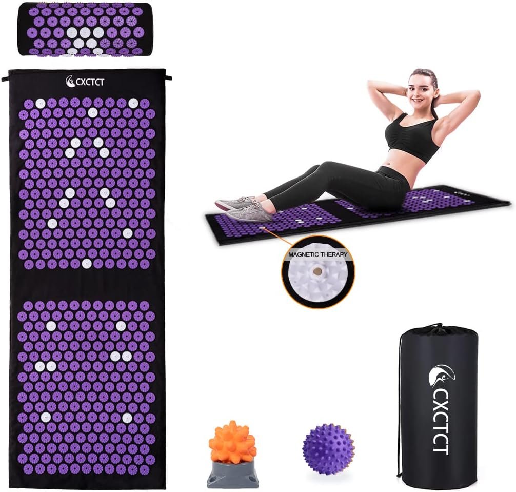 Purple Yoga Massage Mat Set,Acupuncture Magnetic Mat and Pillow – Extra Long & Large Back & Neck Pain Relief
