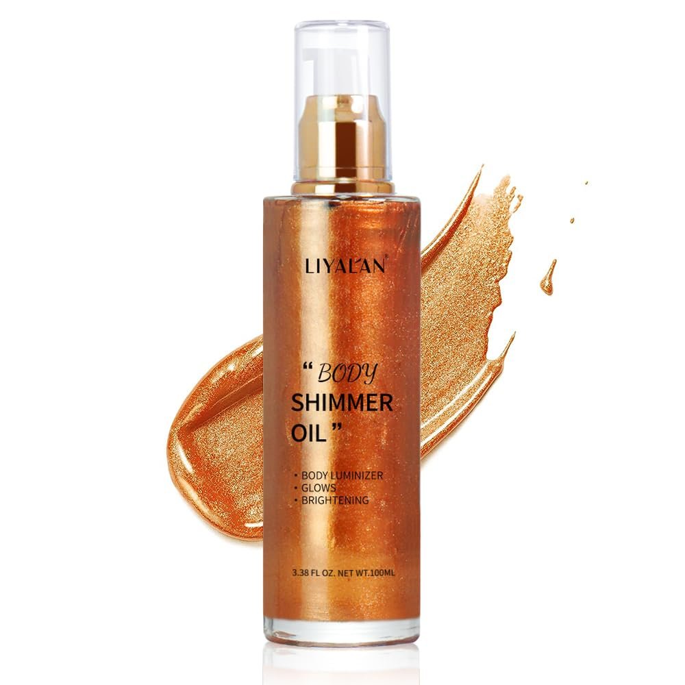 Liyalan Shimmer Body Oil Bronze Gold 5 Color Bronze 3.38 Fl Oz Face Glow Pearl Highlighter Illuminator body Makeup Shine Glitter Gold Liquid Taning