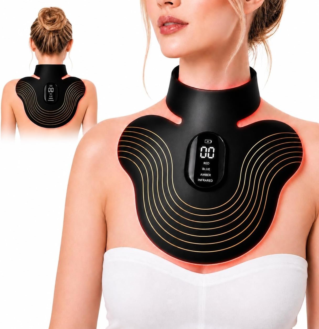 LED Red Light Therapy Neck & Chest Wrap, 850nm NIR,4-in-1 LED Light Modes