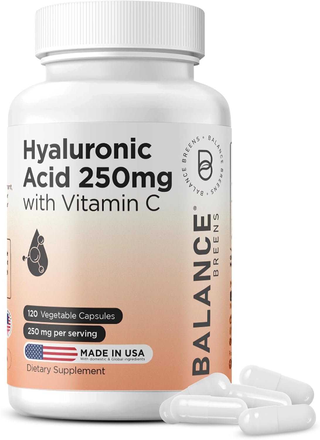 Pure Hyaluronic Acid Supplement 250mg with Vitamin C 50mg, 120 Vegan Capsules – Skin Hydration for Natural Glow, Hair, Nails, Bone & Joint Health Formula