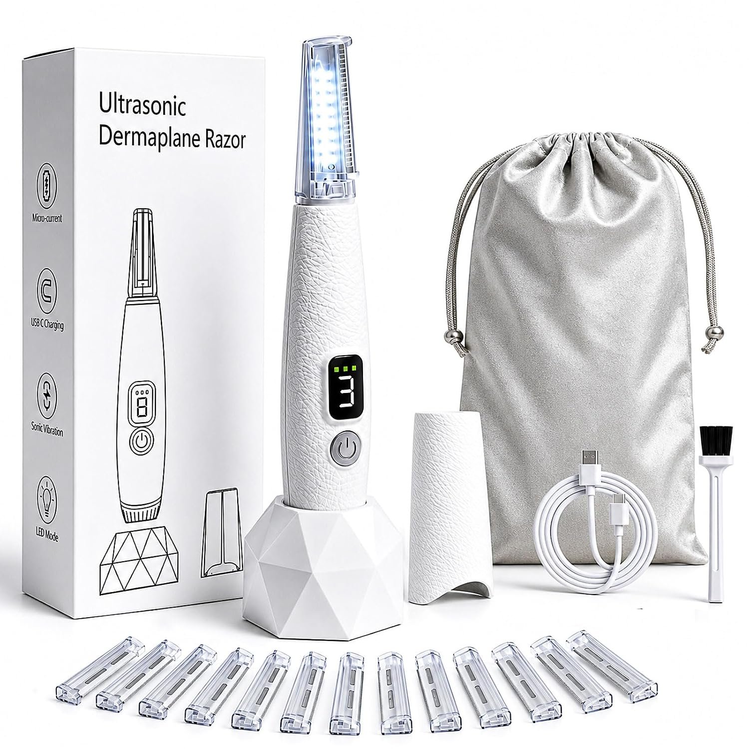 Sonic Dermaplaning Razor for Women, Facial Hair Remover with 12 Refills