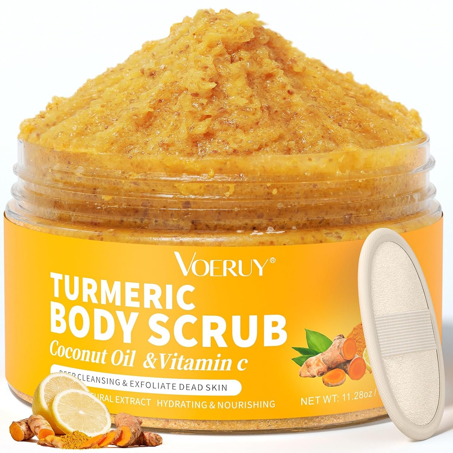 VOERUY Body Scrub, Turmeric Exfoliating Body Scrub, with Coconut Oil & Vitamin C, Bikini Area Exfoliator Gently Exfoliate Body Hand and Foot Scrub, Moisturized Skin for Women and Men, 11.28oz/320g