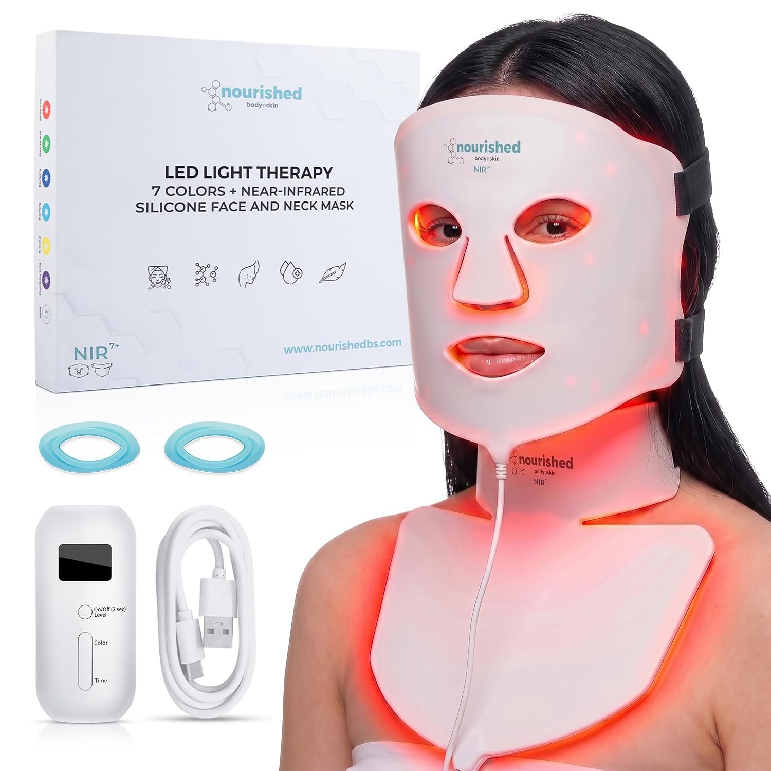 Nourished Bodynskin 7 Colors LED Face and Neck Mask with Near-Infrared – Blue, Red Light Therapy for Face – 912 LEDs – Skincare Tool for Anti-Aging