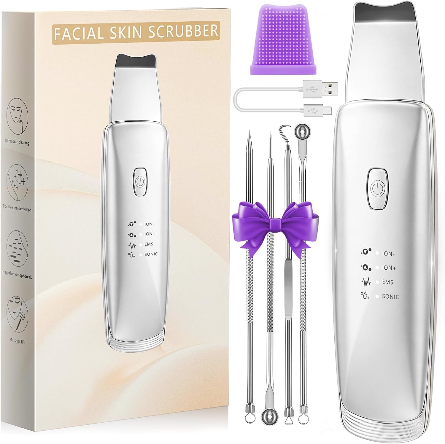 Blackhead Remover Face Scrubber Skin Spatula, Pore Cleaner Tool for Deep Cleansing, Waterproof Facial Spatula, USB Rechargeable, 4-in-1 Modes