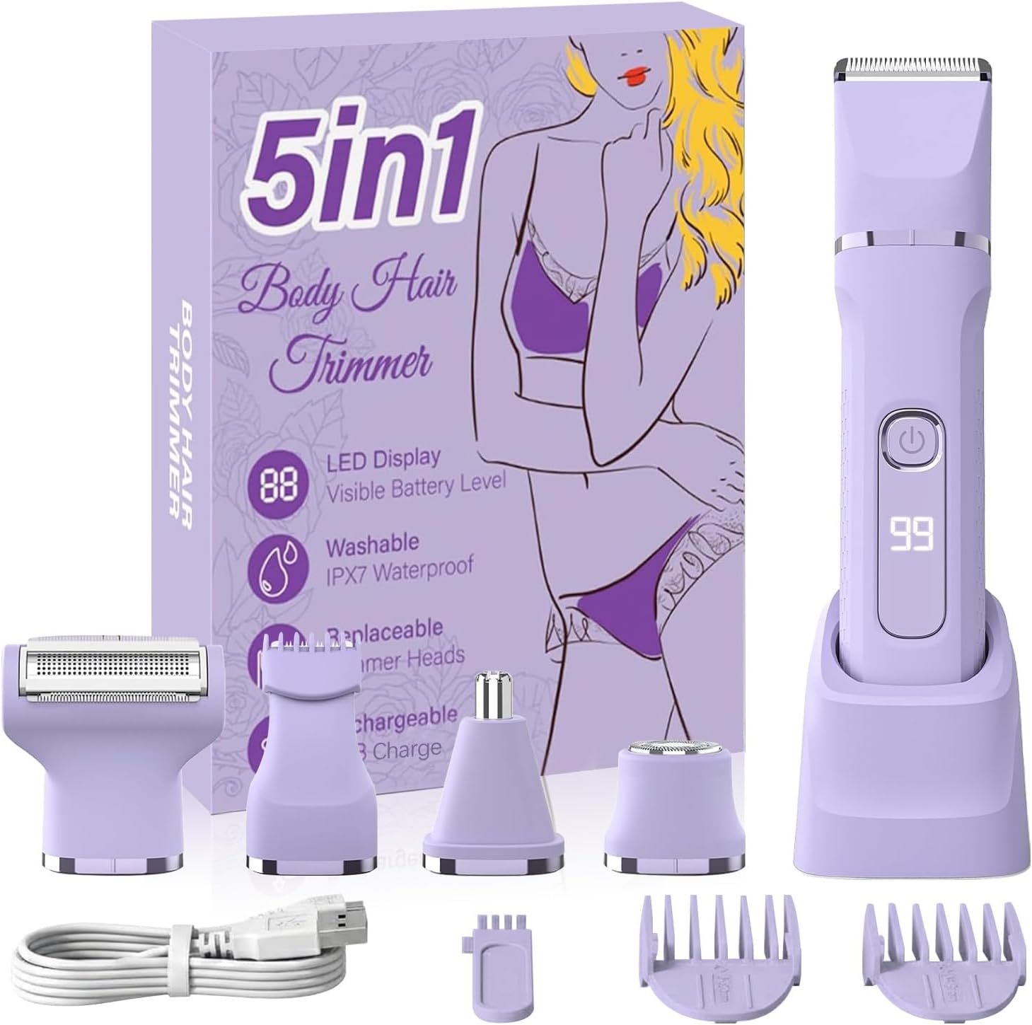 Bikini Trimmer for Women,Electric Shaver for Women, IPX7 Waterproof Razor Shaver,Women’s Electric Razor,Intimate Shaver for Women,with 5 Blades,USB-C Rechargeable,Recharge Dock（Purple）