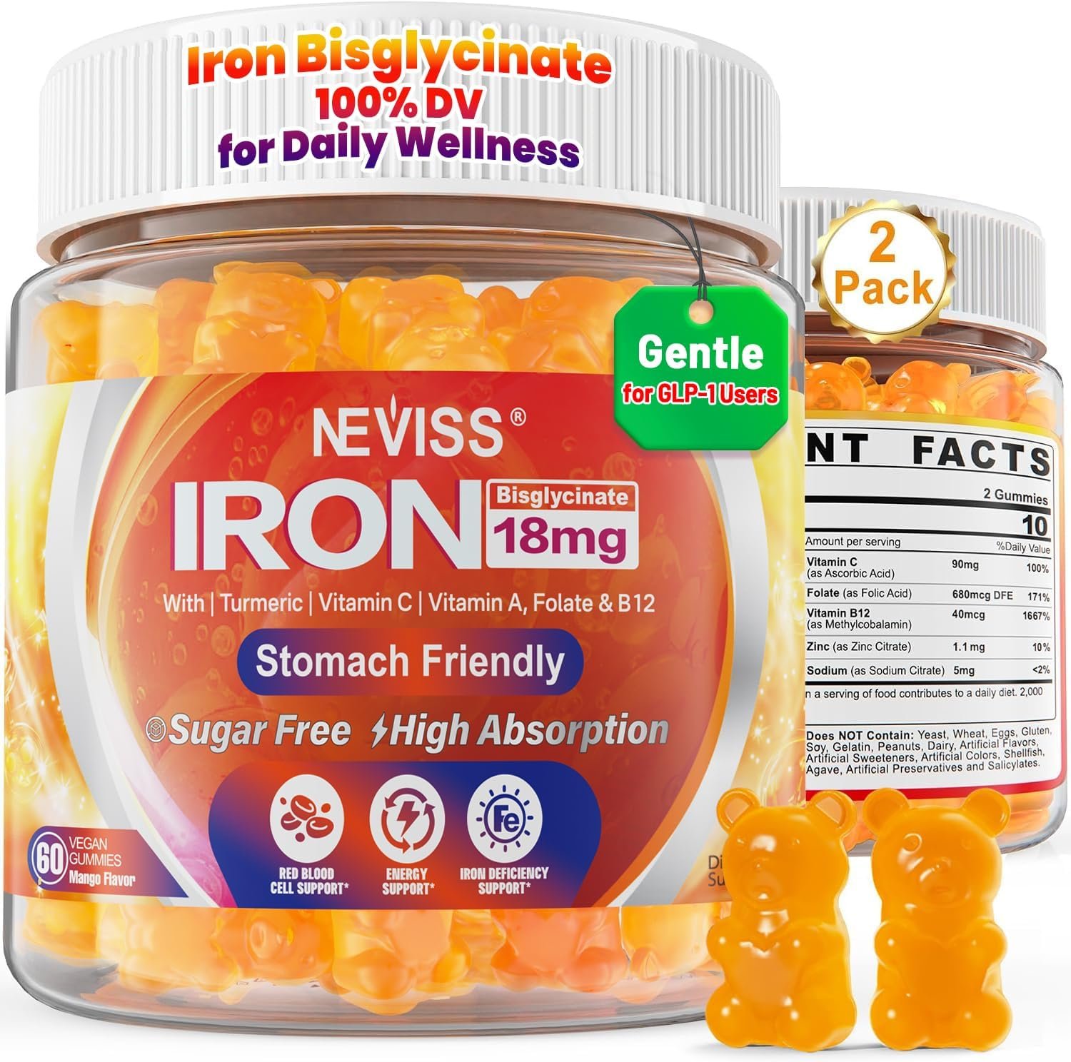 Vegan Iron Gummies for Women & Men 18mg, Gentle Iron Bisglycinate, 120Cts