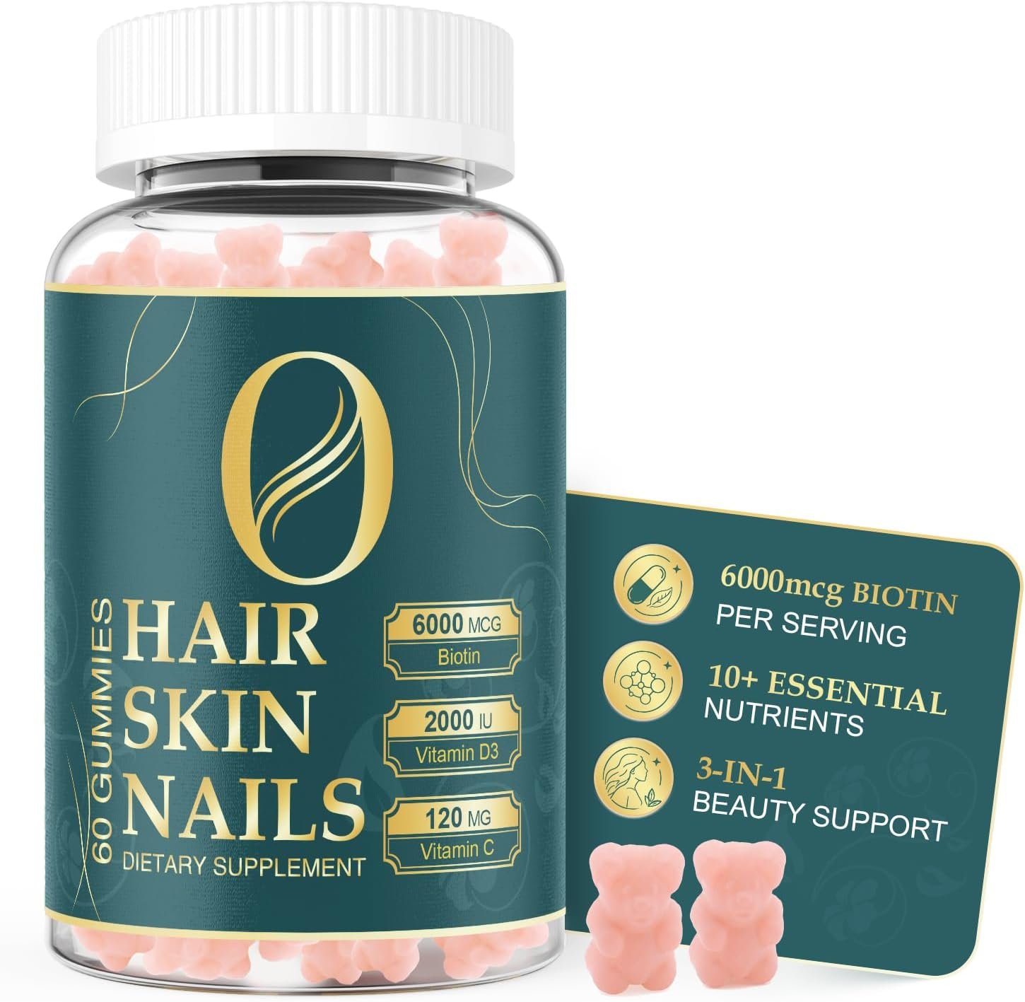 Hair Skin and Nails Gummies with 6000mcg Biotin for Women & Men, 60 Count