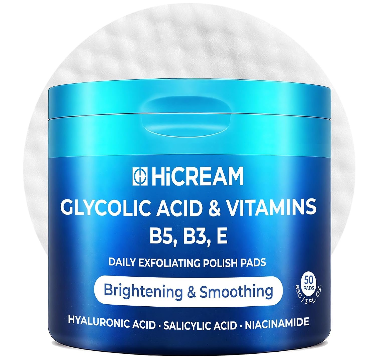 Hicream Glycolic Acid Pads, Dual-Textured Facial Exfoliating Toner for Pore Care & Skin Radiance, Deep Cleansing Peel with Niacinamide, Salicylic Acid & Vitamins E, B3, B5 (50 Pads)