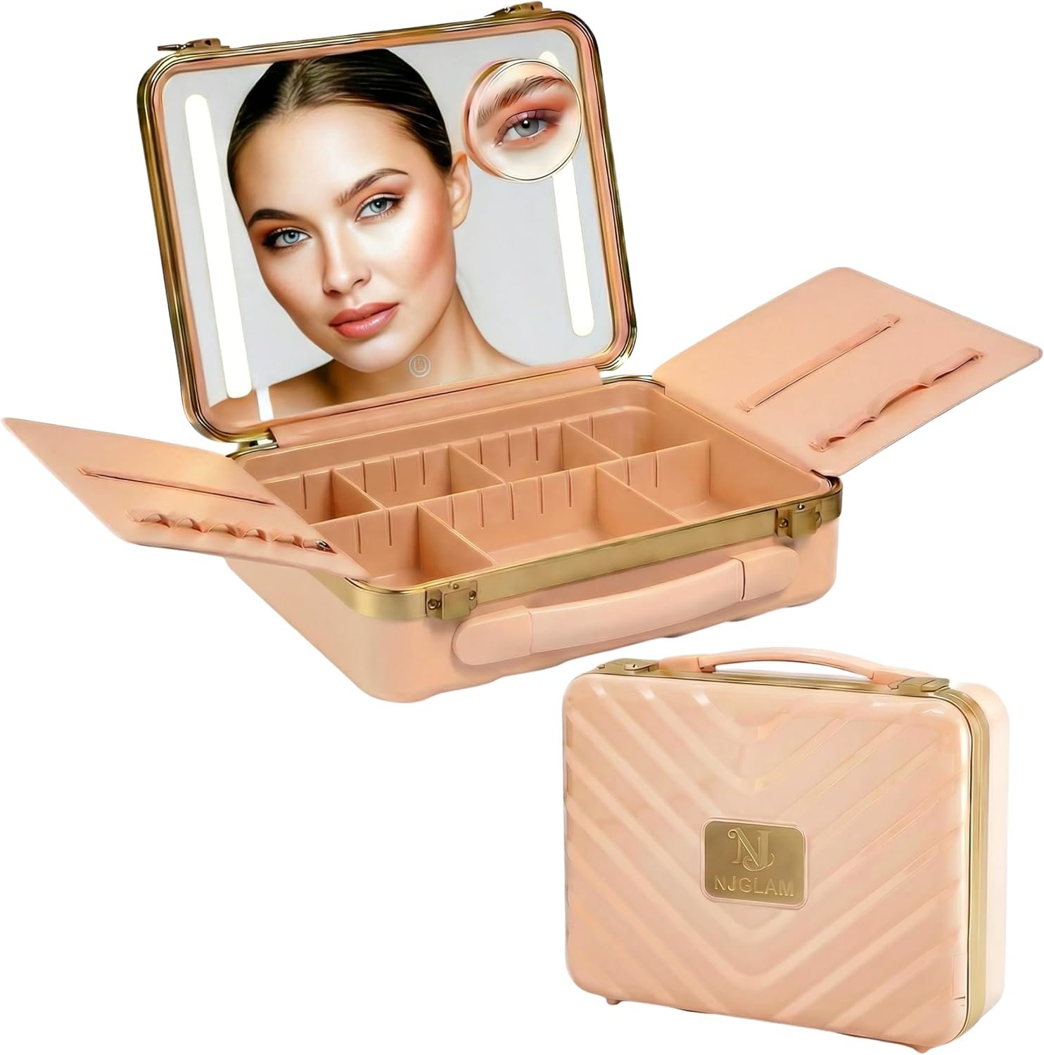 Travel Makeup Case with LED Mirror – Durable Makeup Case with Lighted Mirror with 3 Adjustable Light Settings – Rechargeable Makeup bag with light up Mirror – Mini 10x mirror included