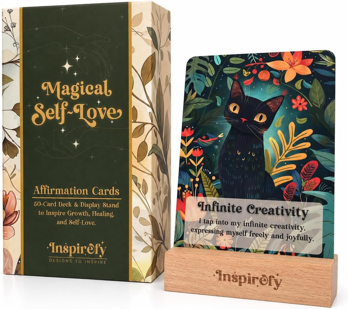 Magical Self-Love Affirmation Cards, 50 Positive Daily Affirmations for Confidence & Mindfulness, Illustrated Self-Care Meditation Deck with Wooden Stand, Thoughtful Inspirational Gift for Women
