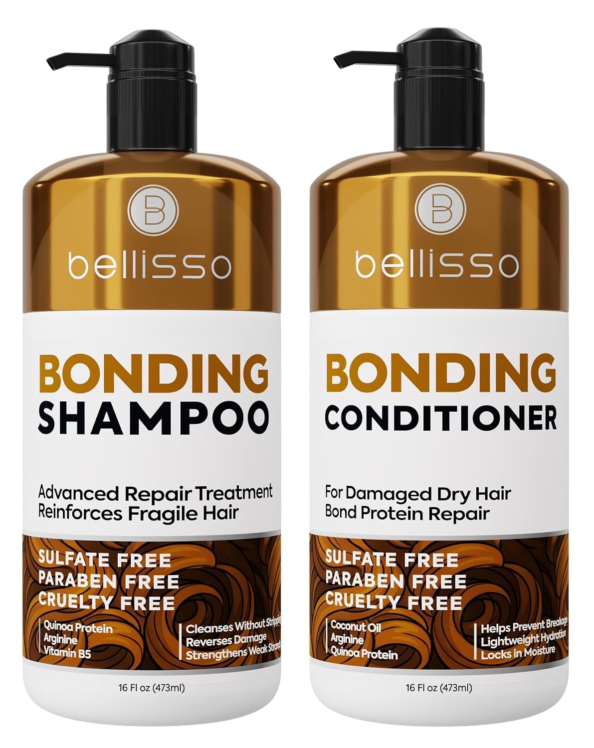 Bonding Shampoo and Conditioner Set – Sulfate Free and Paraben Free – Hydrating Protein Bond Repair Treatment for Dry Damaged Hair – Deep Moisturizing Salon Formula with Pump – 16 Fl Oz (Set of 2)
