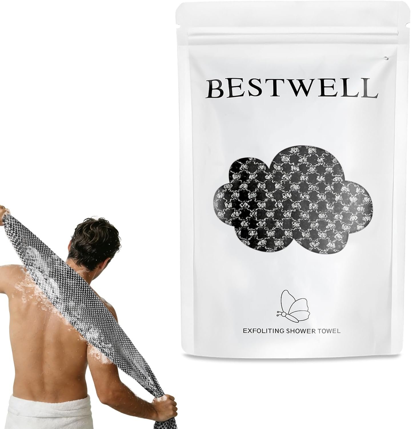 BESTWELL Exfoliating Shower Towel 47″, Premium Scrub Wash Cloth for Body Face, 2-in-1 Exfoliating Towel-Body Scrubber for All Skin Types, Exfoliating Washcloth for Men and Woman