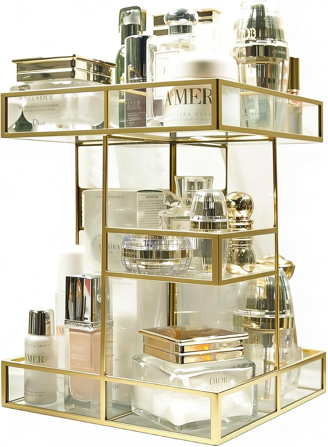 360 Rotating Makeup Organizer, Luxury Clear Glass Vanity Organizer with Mirrored Top, Sleek Clean Edge Design, Large Capacity Cosmetic Storage Caddy for Skincare Perfume Makeup, for Dresser Bathroom